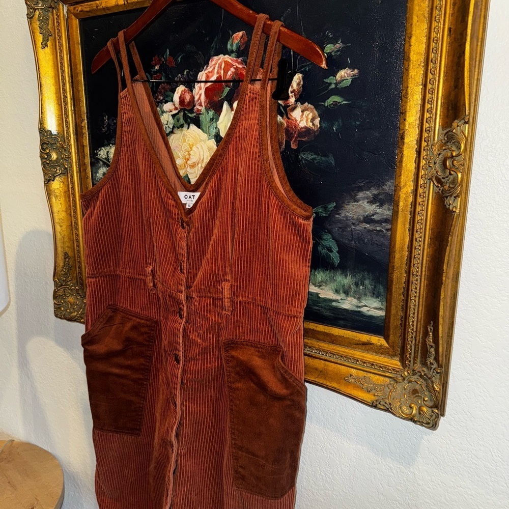 OAT New York Brown / Orange Soft Corduroy Button Down Mini Tank Dress Pockets XL
